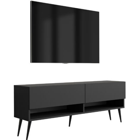 Meuble TV 140 cm Noir Mat, pieds obliques noirs, 140 × 32 × 52 cm (1/5)