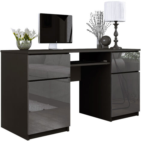 Bureau : 2 Tiroirs, Noir Mat/ Gris Brillant, 135 × 77 × 50 cm (1/5)