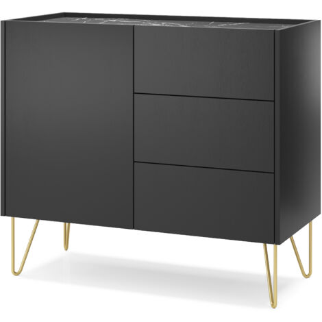 Commode : 3 tiroirs, 1 porte, 2 étagères, noir graphite / marbre noir, 97 × 83 × 37 cm (1/5)