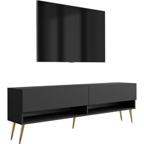 Meuble TV 170 cm Noir Mat, pieds obliques dorés, 170 × 32 × 52 cm (1/5)