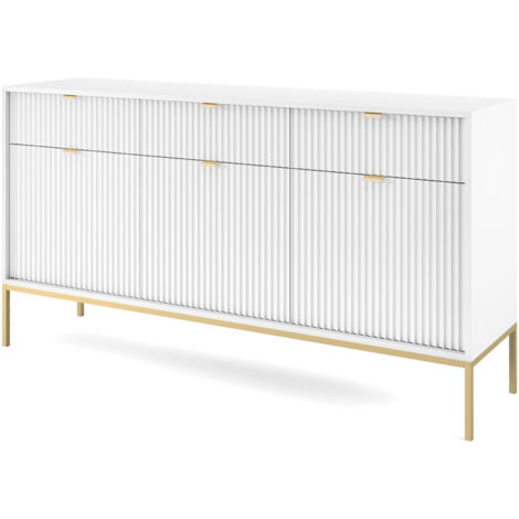 Commode : 3 Tiroirs, 3 Portes, Blanc, or, 154 × 83 × 39 cm, poignées dorées, (1/5)