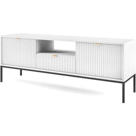 Meuble TV : 1 tiroir, 2 portes, Blanc, Noir, 154 × 56 × 39 cm, poignées dorées (1/5)
