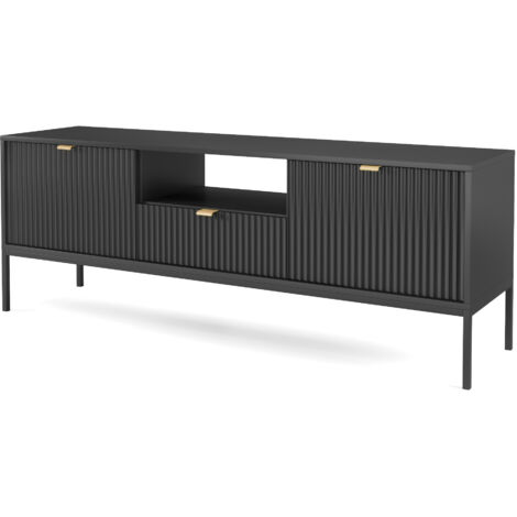 Meuble TV : 1 tiroir, 2 portes, Noir, Noir, 154 × 56 × 39 cm, poignées dorées (1/5)