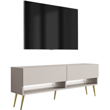 Meuble TV 140 cm Cachemire, pieds obliques dorés, LED blanche, 140 × 32 × 52 cm (1/5)