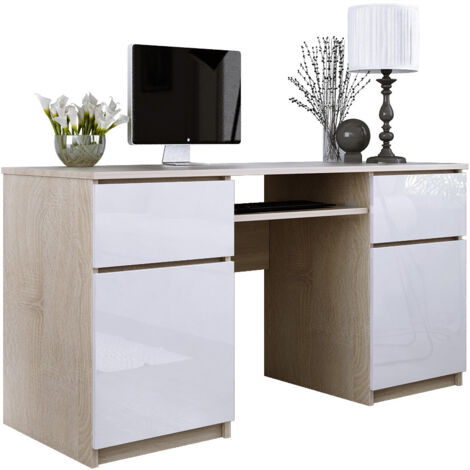 Bureau : 2 Tiroirs, Chêne Sonoma / Blanc Brillant, 135 × 77 × 50 cm (1/5)