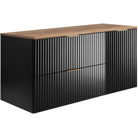 Ensemble de salle de bain : meuble avec tiroirs et meuble avec portes 57×46×120 cm, couleur : noir / chêne Craft, poignée dorée (1/5)