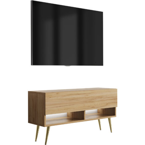 Meuble TV 100 cm Chêne Craft, pieds obliques dorés, LED blanche, 100 × 32 × 52 cm (1/5)