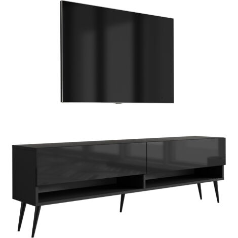 Meuble TV 170 cm Noir Mat / Noir Brillant, pieds obliques noirs, 170 × 32 × 52 cm (1/5)