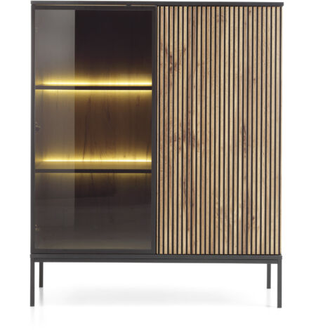 Vitrine basse moderne à façade cannelée, 104 × 126 × 39 cm, Noir / Chêne Wotan (1/5)