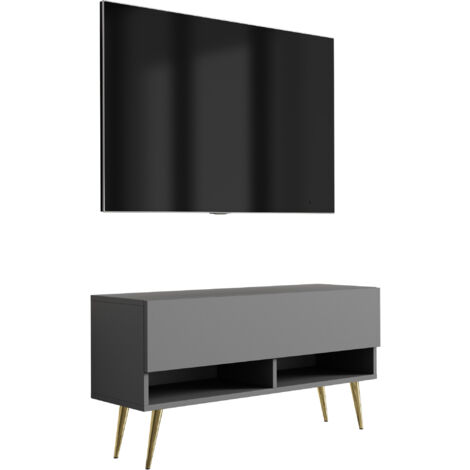 Meuble TV 100 cm Anthracite, pieds obliques dorés, 100 × 32 × 52 cm (1/5)