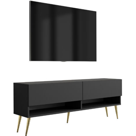 Meuble TV 140 cm Noir Mat, pieds obliques dorés, 140 × 32 × 52 cm (1/5)