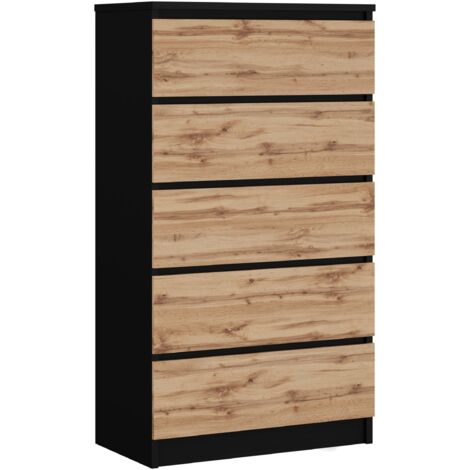 Commode 5 Tiroirs, Noir Mat / Chêne Wotan, 70 × 39 × 125 cm (1/5)