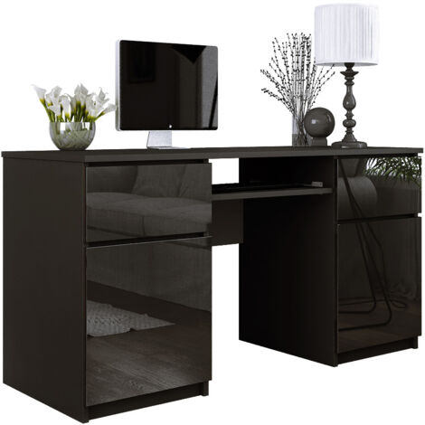 Bureau : 2 Tiroirs, Noir Mat / Noir Brillant, 135 × 77 × 50 cm (1/5)