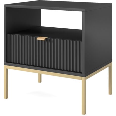 Table de chevet : 2 tiroirs, Noir, or, 54 × 56 × 39 cm, poignées dorées (1/5)