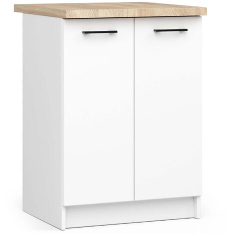 Meuble de cuisine sur pied : 2 portes, 2 étagères, blanc, largeur : 60 cm, hauteur : 85 cm, profondeur : 46 cm. (1/5)