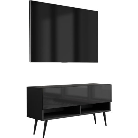 Meuble TV 100 cm Noir Mat / Noir Brillant, pieds obliques noirs, 100 × 32 × 52 cm (1/5)