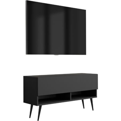 Meuble TV 100 cm Noir Mat, pieds obliques noirs, 100 × 32 × 52 cm (1/5)