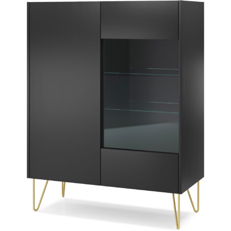 Vitrine : 2 portes, 5 étagères, noir graphite / marbre noir, 97 × 122 × 37 cm