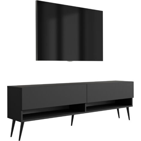 Meuble TV 170 cm Noir Mat, pieds obliques noirs, 170 × 32 × 52 cm (1/5)