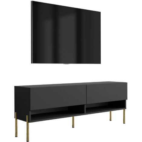 Meuble TV 140 cm Noir Mat, pieds droits dorés, 140 × 32 × 52 cm (1/5)