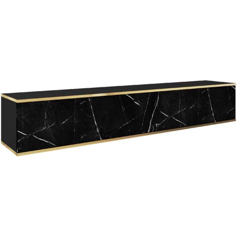 Meuble TV, Noir Mat / Noir royal marbre, 175 × 30 × 32 cm, Push to Open (1/5)