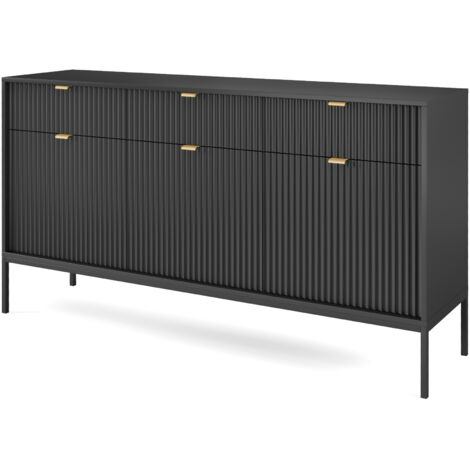 Commode : 3 Tiroirs, 3 Portes, Noir, Noir, 154 × 83 × 39 cm, poignées dorées