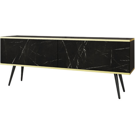 Meuble TV, Noir Mat / Noir royal marbre, pieds Noir, 135 × 30 × 52 cm, Push to Open (1/5)