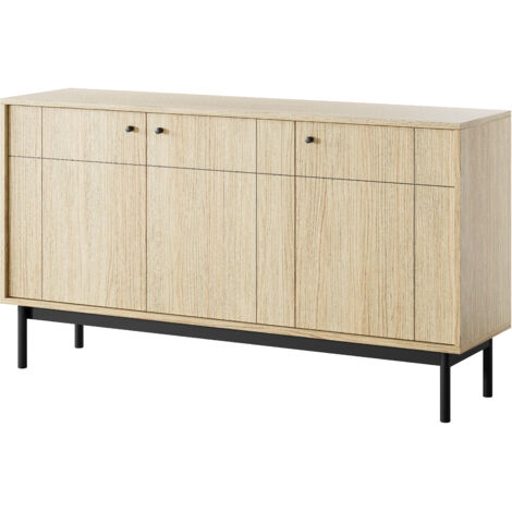 Commode : 3 Portes, 6 Étagères, Chêne Linea, Pieds Noir, 153,5 × 83,5 × 39 cm (1/3)