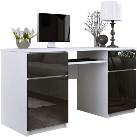 Bureau : 2 Tiroirs, Blanc Mat / Noir Brillant, 135 × 77 × 50 cm (1/5)