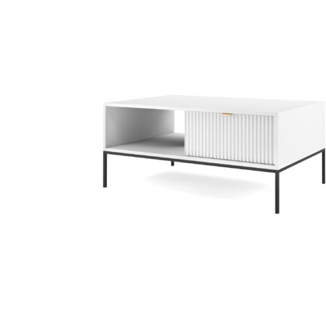 Table basse : 1 tiroir, Blanc, Noir, 104 × 46 × 68 cm, poignées dorées (1/5)