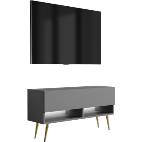 Meuble TV 100 cm Anthracite, pieds obliques dorés, LED blanche, 100 × 32 × 52 cm (1/5)