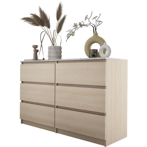 Commode 6 Tiroirs : Chêne Linberg / Marbre Blanc, 120 × 79 × 39 cm (1/5)