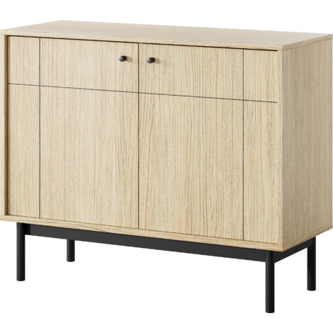 Commode : 2 Portes, 4 Étagères, Chêne Linea, Pieds Noir, 103,5 × 83,5 × 39 cm (1/3)