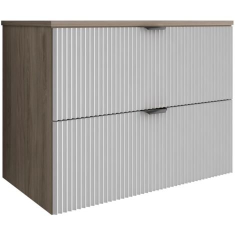 Meuble de salle de bain à façade rainurée de 80 cm avec 2 tiroirs , noyer foncé (MDF) , façades blanches et poignée noire , 80 × 47 × 60 cm (1/5)