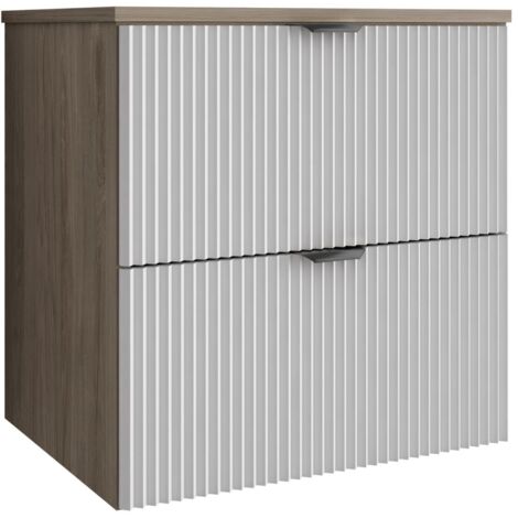 Meuble de salle de bain à façade rainurée de 60 cm avec 2 tiroirs , noyer foncé (MDF) , façades blanches et poignée noire , 60 × 47 × 60 cm (1/5)