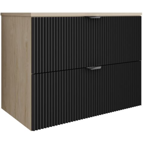 Meuble de salle de bain à façade rainurée de 80 cm avec 2 tiroirs , noyer clair (MDF) , façade et poignée noires , 80 × 47 × 60 cm (1/5)