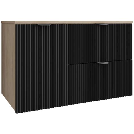 Meuble de salle de bain à façade rainurée 100 cm (60+40) avec panier à linge , noyer clair (MDF) , façade et poignée noires , 100 × 47 × 60 cm (1/5)