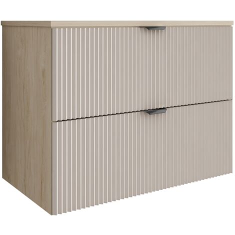 Meuble de salle de bain à façade rainurée de 80 cm avec 2 tiroirs , noyer clair (MDF) , façade cachemire et poignée noire , 80 × 47 × 60 cm (1/5)
