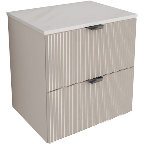 Meuble de salle de bains à façade rainurée , 60 cm , avec 2 tiroirs couleur cachemire , plateau en marbre blanc (MDF) et poignée noire , 60 × 47 × 60 cm (1/5)