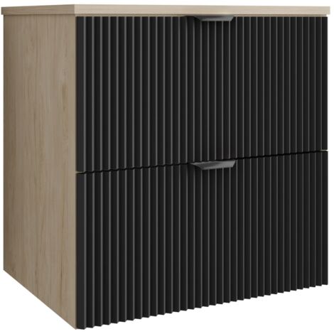 Meuble de salle de bain à façade rainurée de 60 cm avec 2 tiroirs , noyer clair (MDF) , façade et poignée noires , 60 × 47 × 60 cm (1/5)