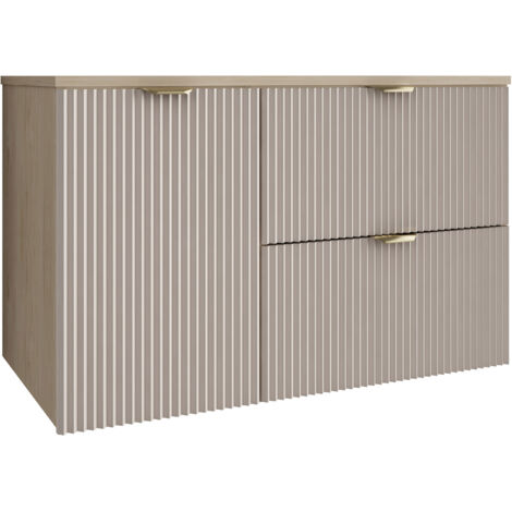 Meuble de salle de bain avec façade rainurée 100 cm (60+40) avec panier à linge , noyer clair (MDF) , façade cachemire et poignée dorée , 100 × 47 × 60 cm (1/5)