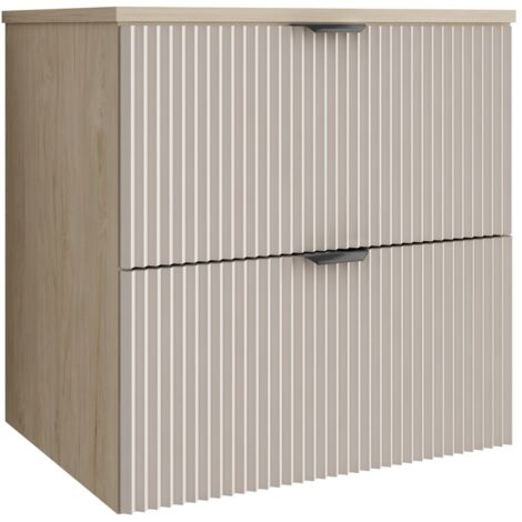 Meuble de salle de bain à façade rainurée de 60 cm avec 2 tiroirs , noyer clair (MDF) , façade cachemire et poignée noire , 60 × 47 × 60 cm (1/5)