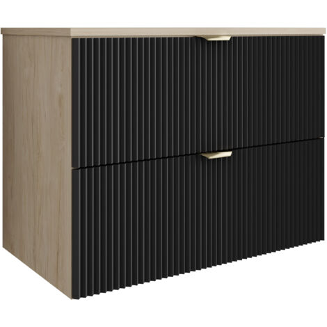 Meuble de salle de bain à façade rainurée de 80 cm avec 2 tiroirs , noyer clair (MDF) , façade noire et poignée dorée , 80 × 47 × 60 cm (1/5)