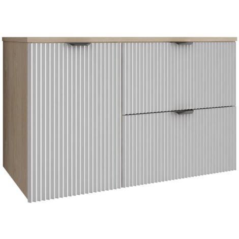Meuble de salle de bain à façade rainurée 100 cm (60+40) avec panier à linge , noyer clair (MDF) , façade blanche et poignée noire , 100 × 47 × 60 cm (1/5)