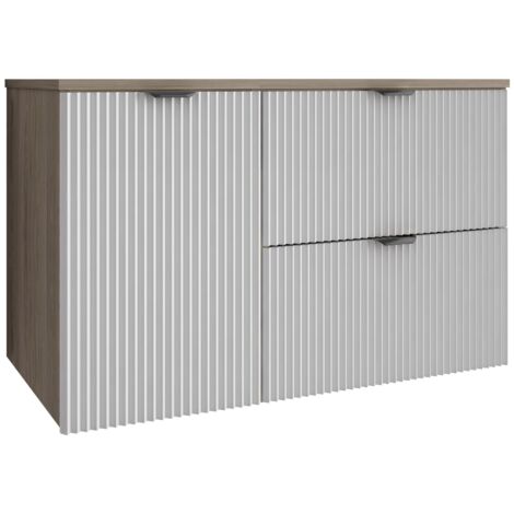 Meuble de salle de bain à façade rainurée 100 cm (60+40) avec panier à linge , noyer foncé (MDF) , façades blanches et poignée noire , 100 × 47 × 60 cm (1/5)