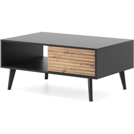 Table basse : 2 tiroirs, 1 étagère, Noir / Chêne Artisan, 104 × 48 × 68 cm (1/5)