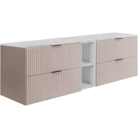 Meuble de salle de bain suspendu, chêne Craft / plateau en marbre noir aspect imprimé (MDF), 180 x 57 x 46 cm (1/5)