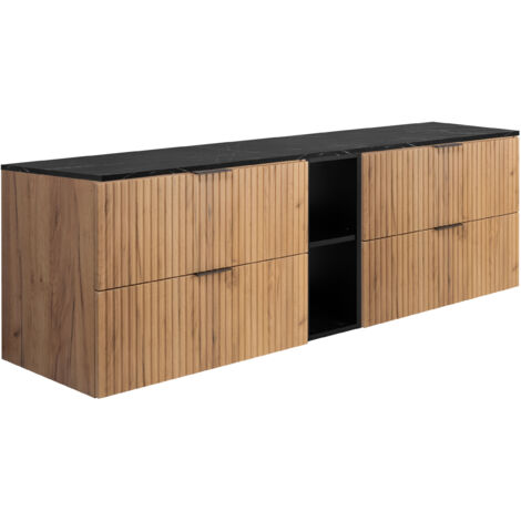 Meuble de salle de bain suspendu, noir / plan de travail en marbre noir aspect imprimé (MDF), 180 x 57 x 46 cm (1/5)