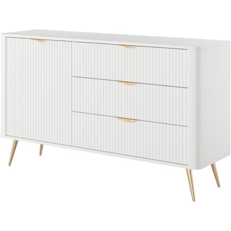 Commode : 3 Tiroirs, 1 Porte, Blanc, 138,2 x 38 x 81,2 cm (1/5)