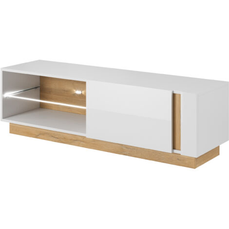 Meuble TV, blanc + blanc brillant + chêne Grandson, 138,1 x 45,5 x 40 cm (1/5)